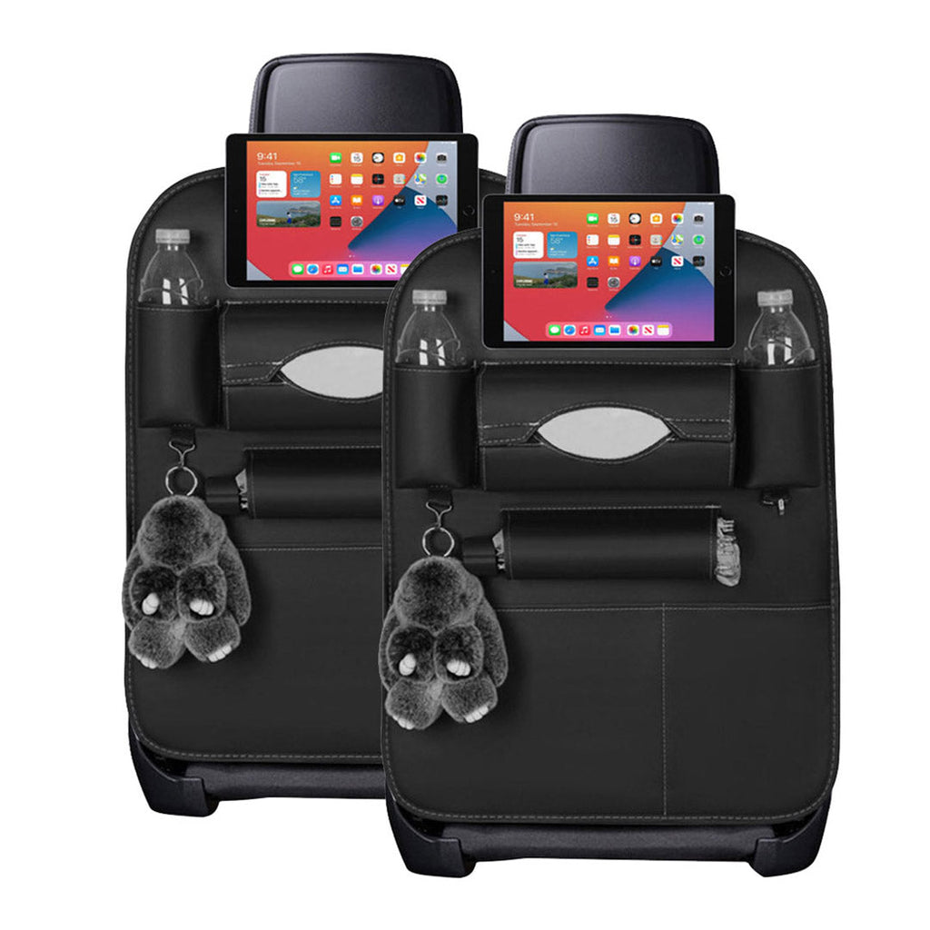 Black PVC leather car backseat organizer with seven multi-purpose storage pockets and adjustable straps.