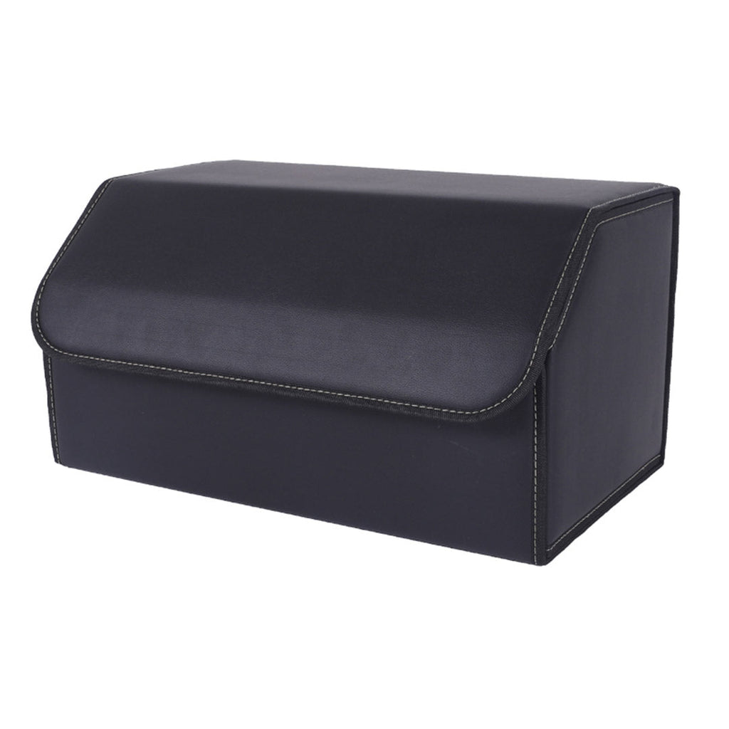 Black leather car trunk organizer with diamond stitching, 65L capacity, and secure hardware locks.
