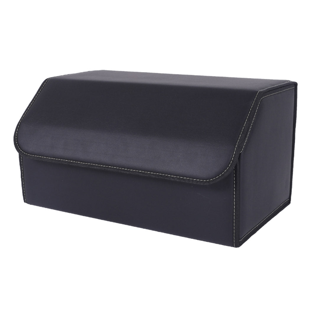 Black leather car trunk organizer with diamond stitching, 65L capacity, and secure hardware locks.