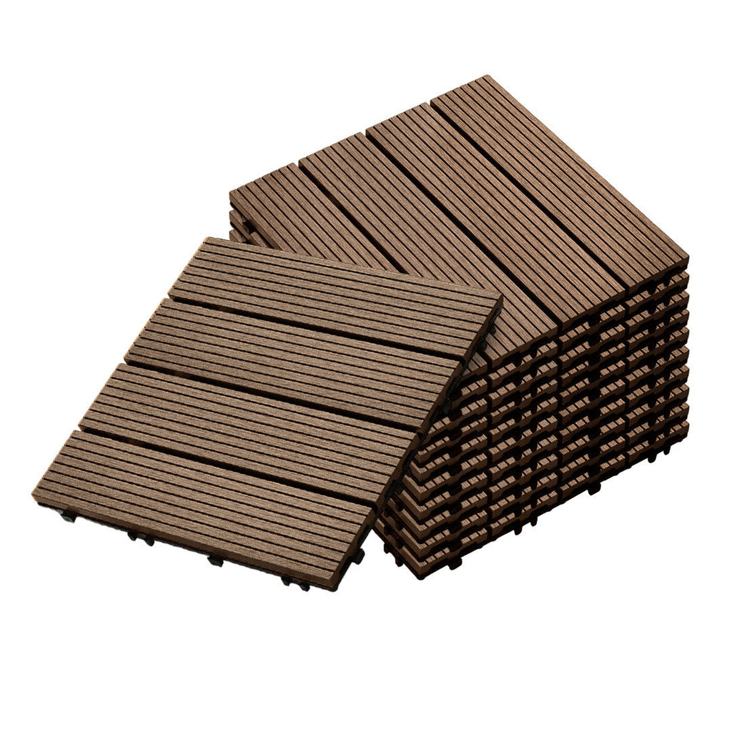 Dark chocolate wooden composite decking tiles with interlocking design for outdoor patio and garden flooring