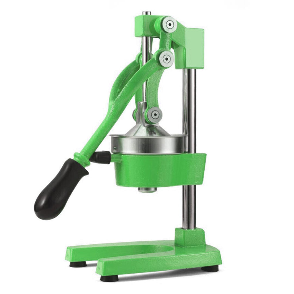 Green solid cast iron manual citrus juicer with food grade stainless steel strainer and heavy handle
