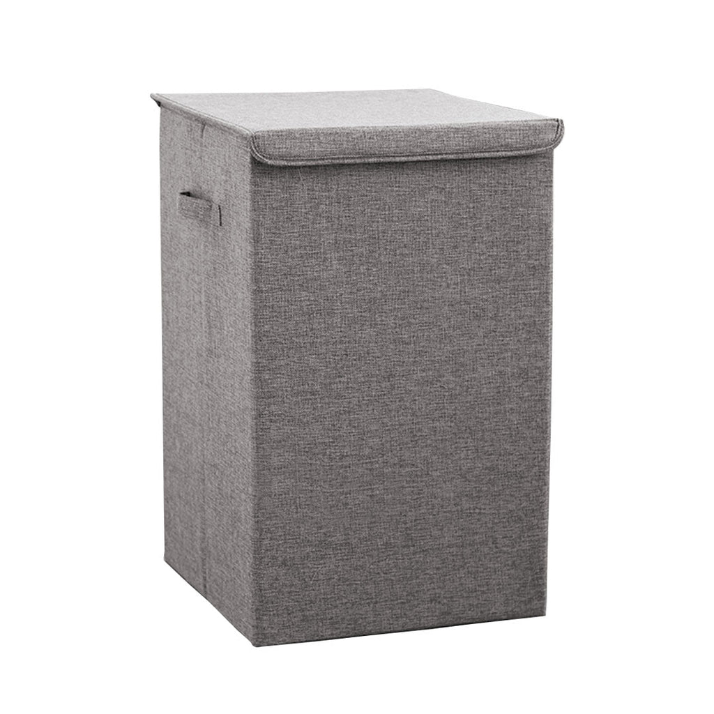Large grey canvas collapsible laundry hamper storage box with lid and carrying handles