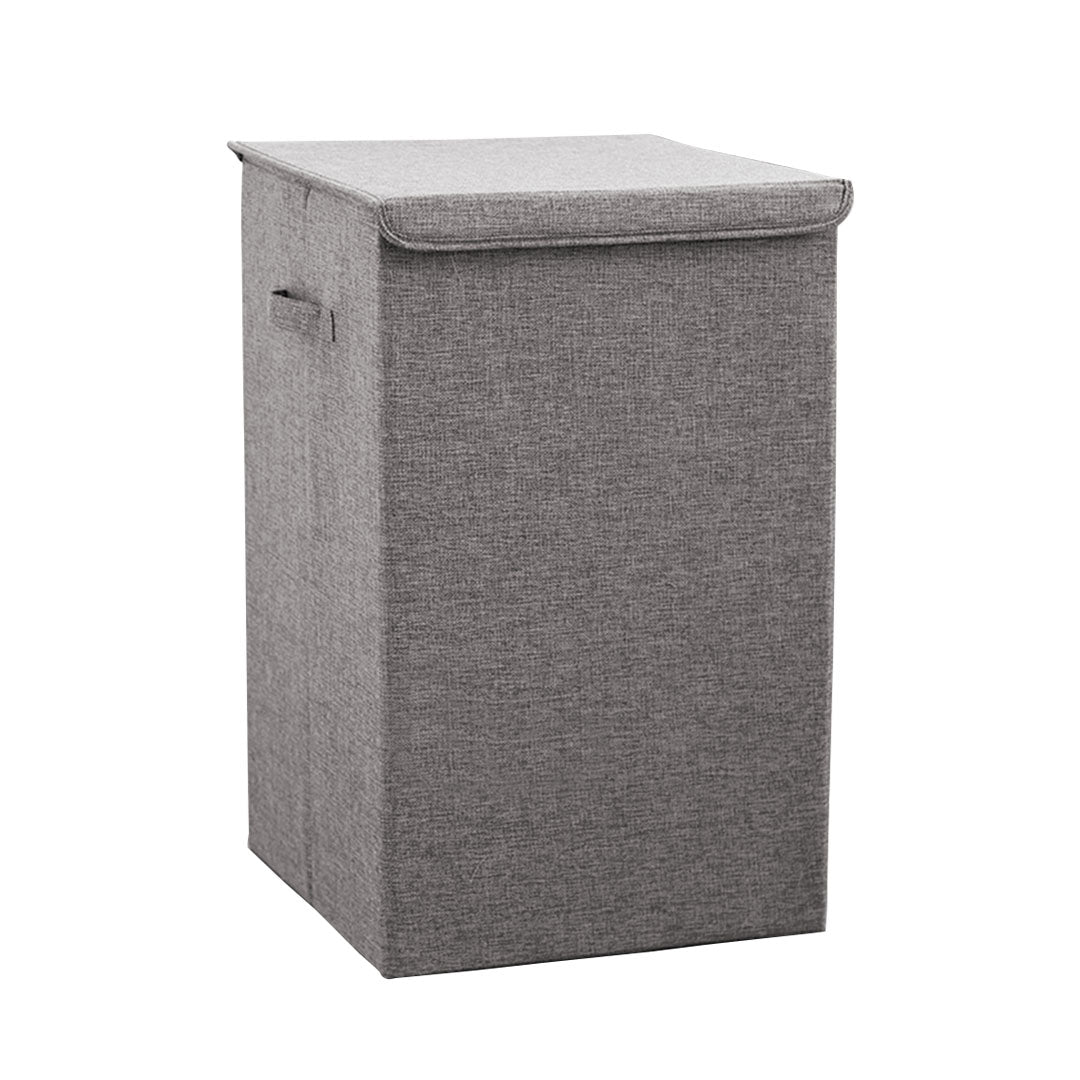 Large grey canvas collapsible laundry hamper storage box with lid and carrying handles