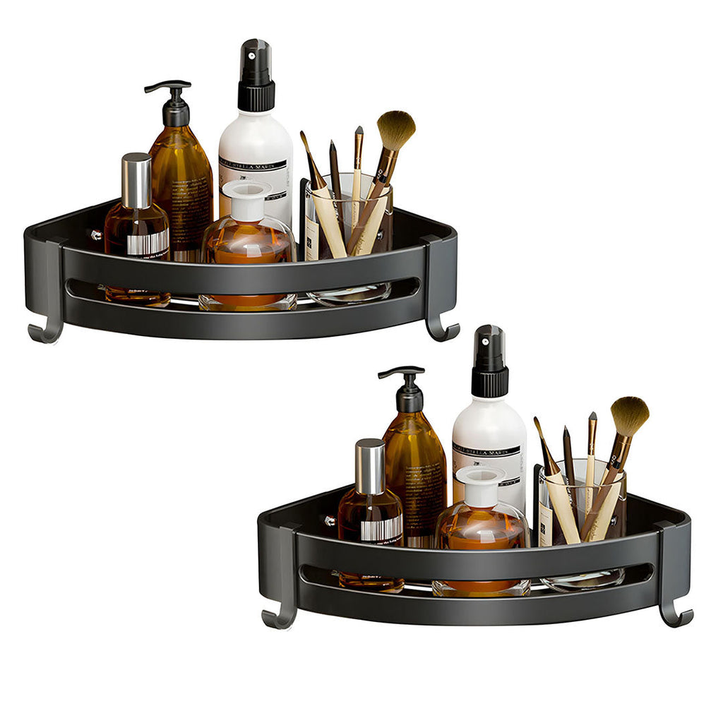 Two piece black aluminum triangular bathroom corner storage rack with hanging hooks and toiletries