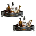 Two piece black aluminum triangular bathroom corner storage rack with hanging hooks and toiletries