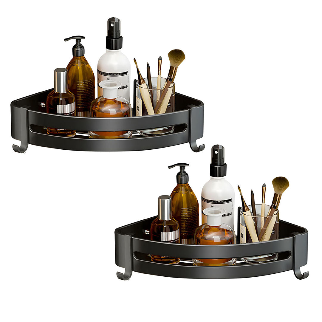 Two piece black aluminum triangular bathroom corner storage rack with hanging hooks and toiletries