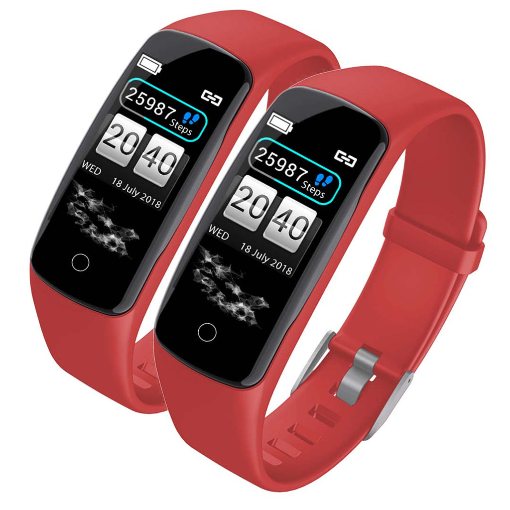 Red SOGA smart watch fitness tracker displaying a digital touch screen with heart rate monitor