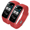 Red SOGA smart watch fitness tracker displaying a digital touch screen with heart rate monitor