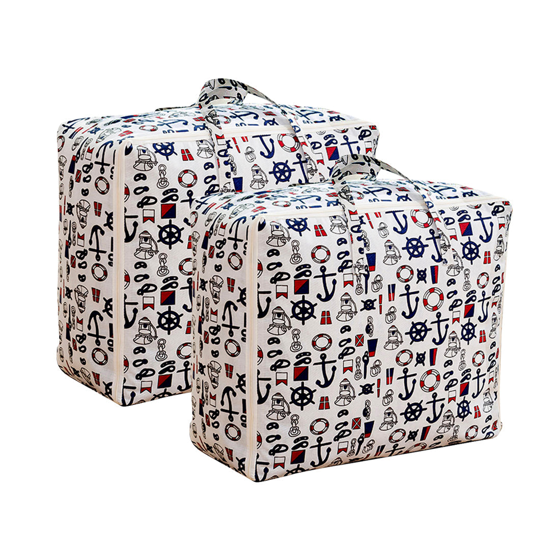 Two foldable nautical print travel storage bags with double zippers and reinforced handles