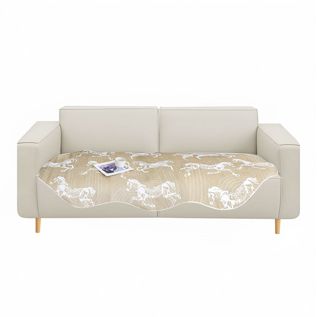 Beige horse print four-seater sofa cover, polyester throw blanket draped elegantly over living room furniture