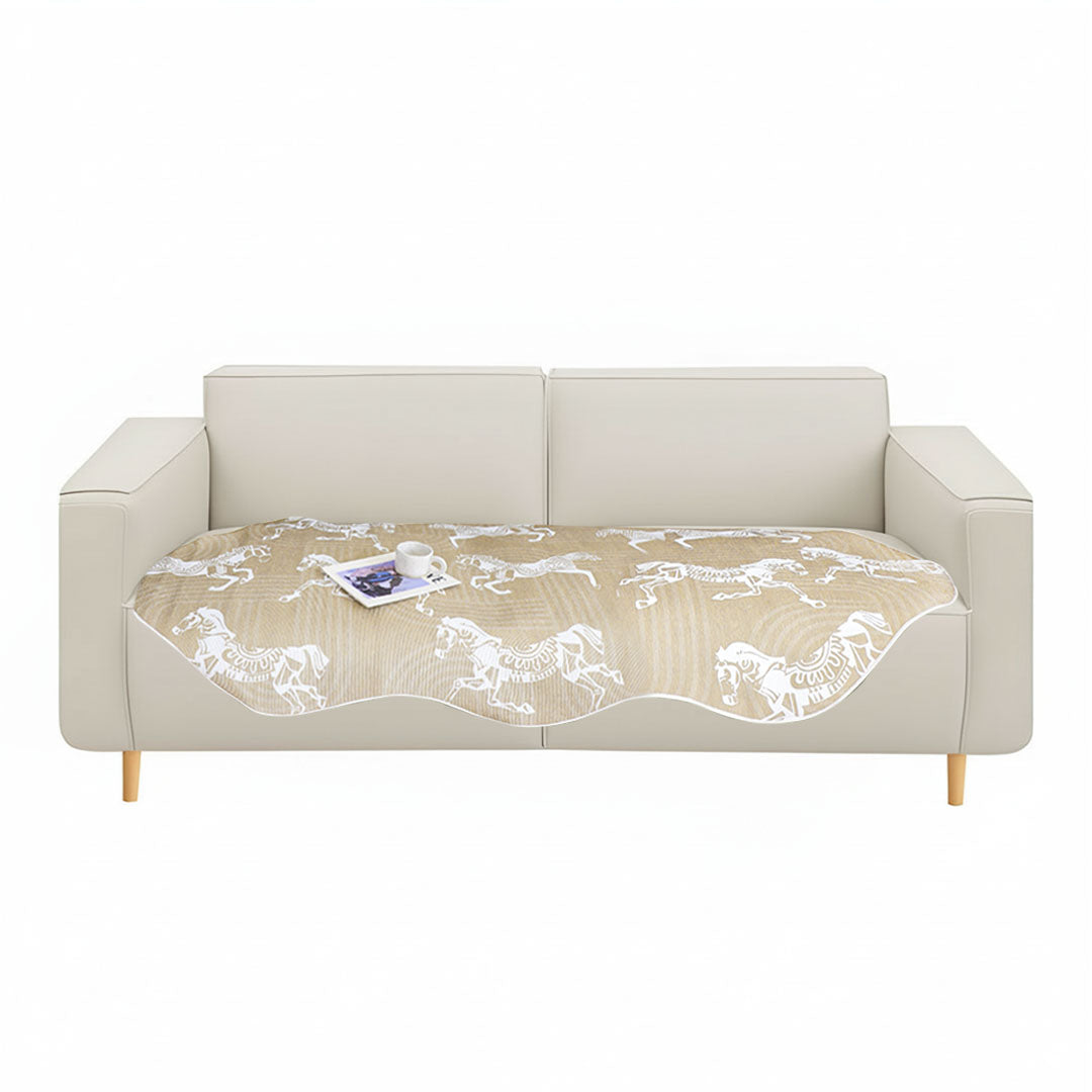Beige horse print four-seater sofa cover, polyester throw blanket draped elegantly over living room furniture