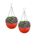 Two vibrant red large hanging resin plant pots with suspension chains and hooks