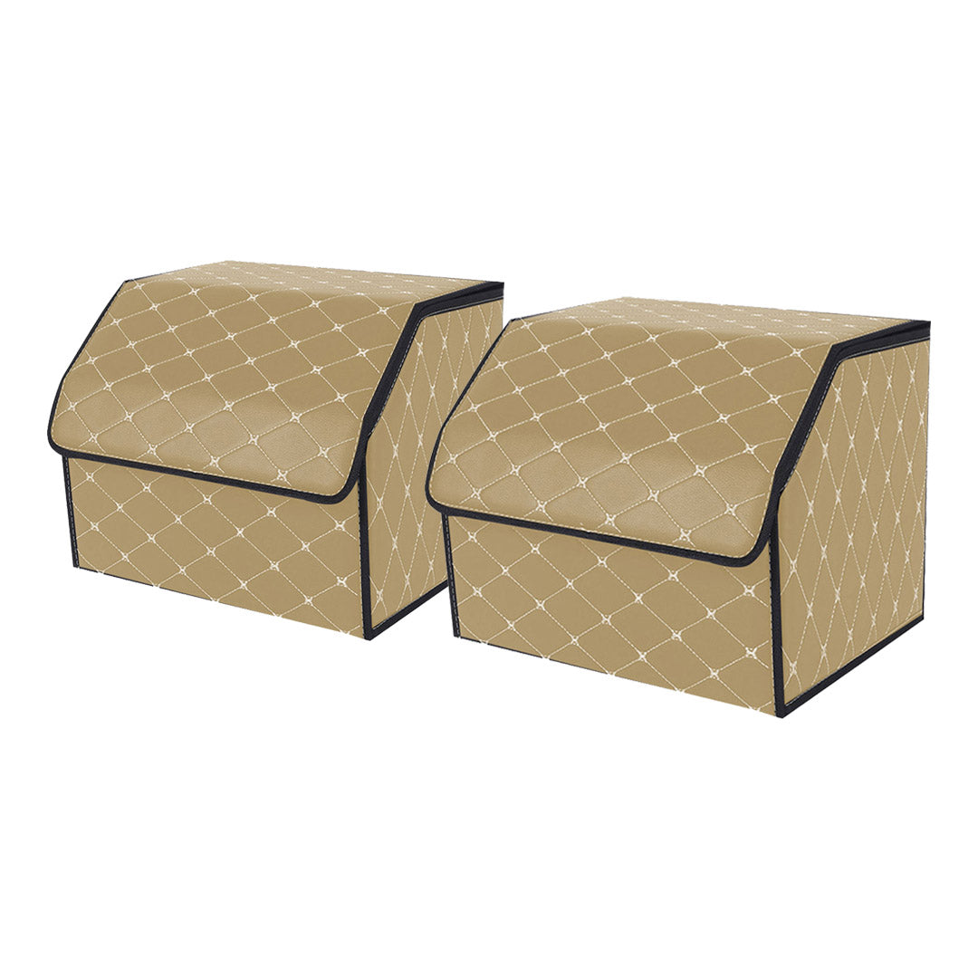 Beige leather car trunk organizer boxes with gold diamond stitching and foldable cover