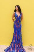 Deep V-Neck Fully Sequin Pattern Mermaid Gown NXR1402-0