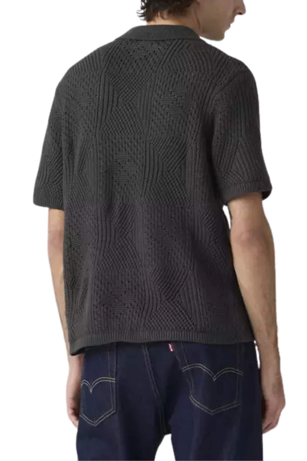 Mens dark grey lightweight pure cotton knit camp shirt with pointelle crochet work and button front — view 11