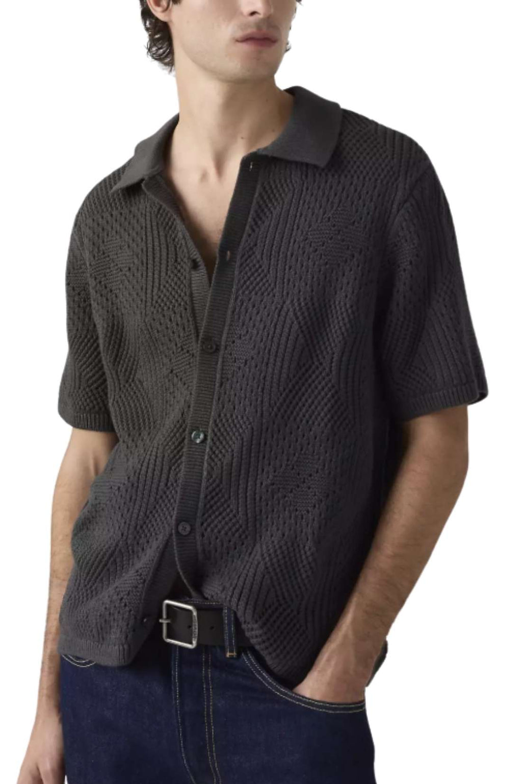 Mens dark grey lightweight pure cotton knit camp shirt with pointelle crochet work and button front — view 4