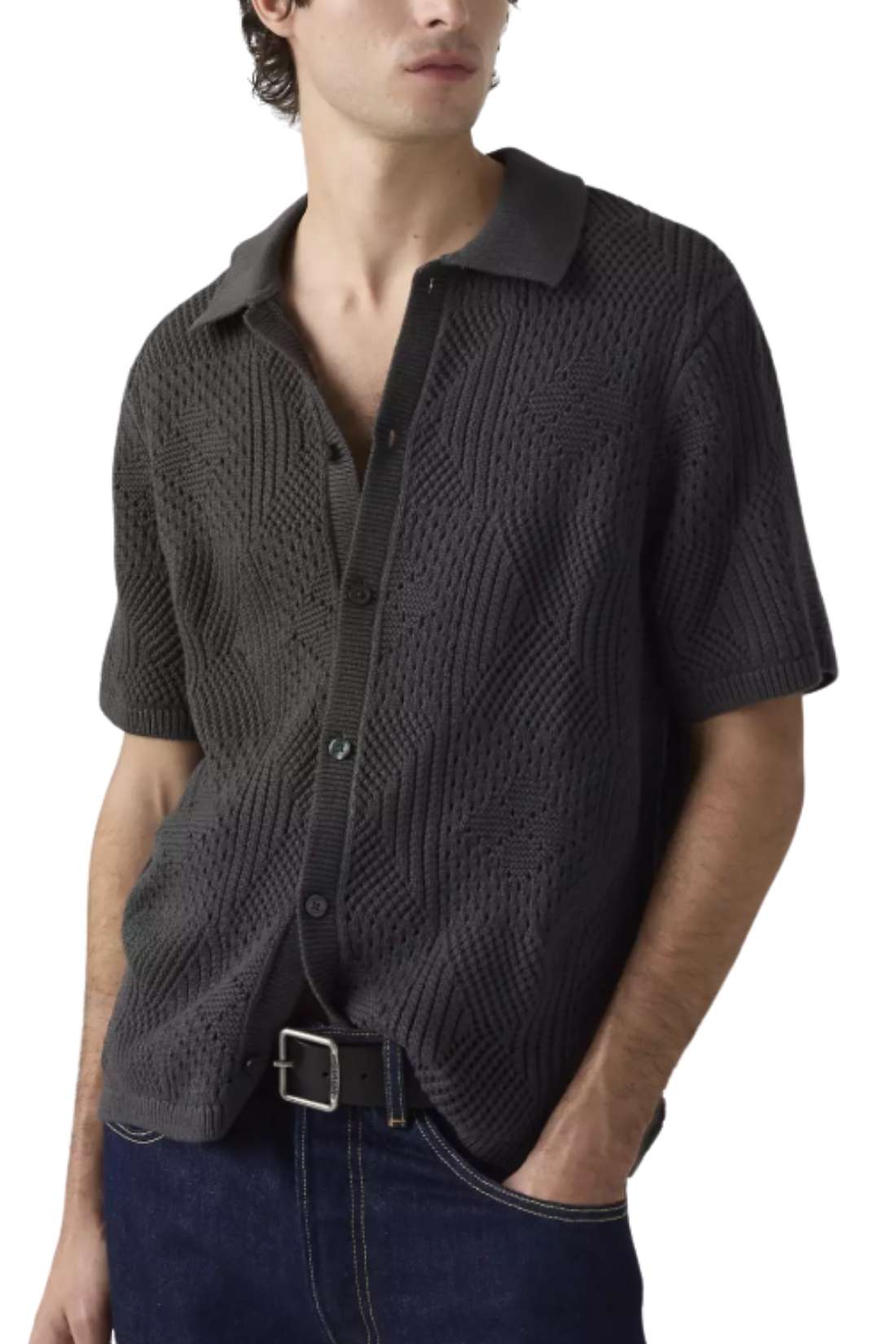 Mens dark grey lightweight pure cotton knit camp shirt with pointelle crochet work and button front — view 13