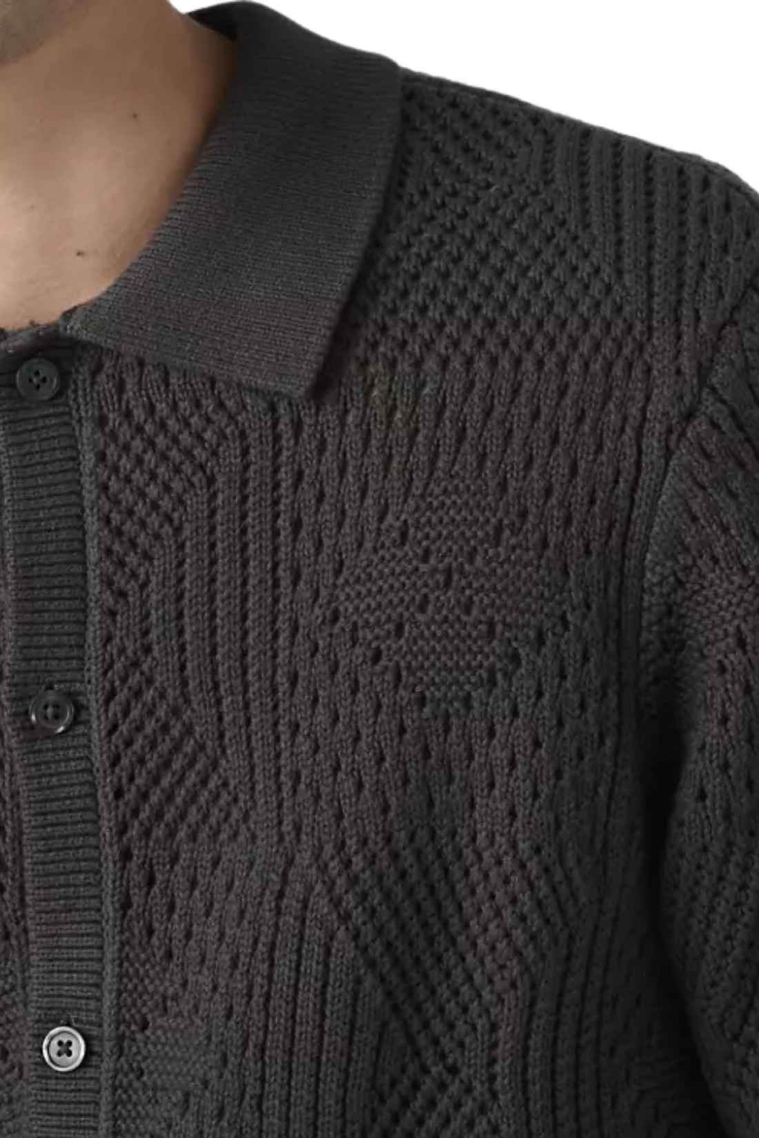 Mens dark grey lightweight pure cotton knit camp shirt with pointelle crochet work and button front — view 12