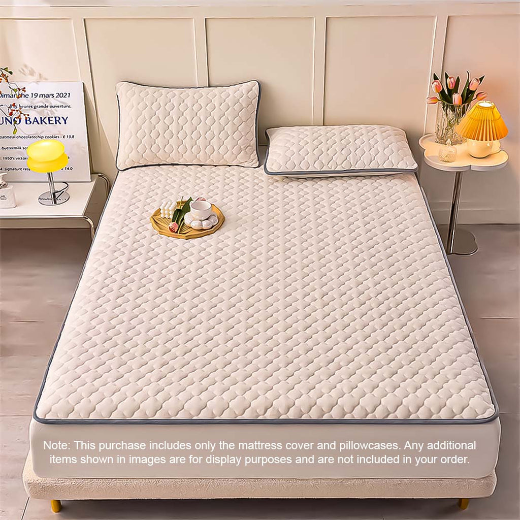 Beige quilted fleece mattress cover protector with clover design and two matching pillowcases — view 2