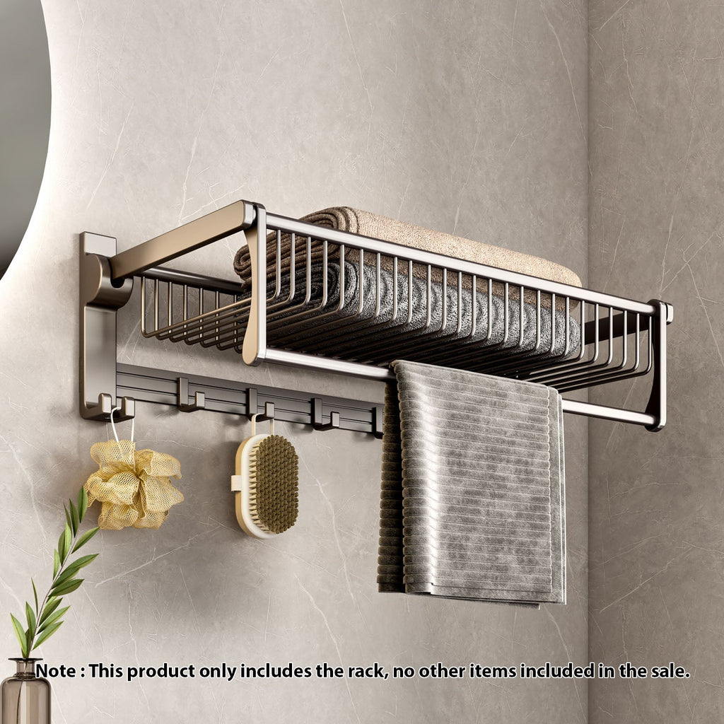 Gray wall-mounted double pole aluminum towel rack with hooks organizing bathroom accessories and towels — view 2
