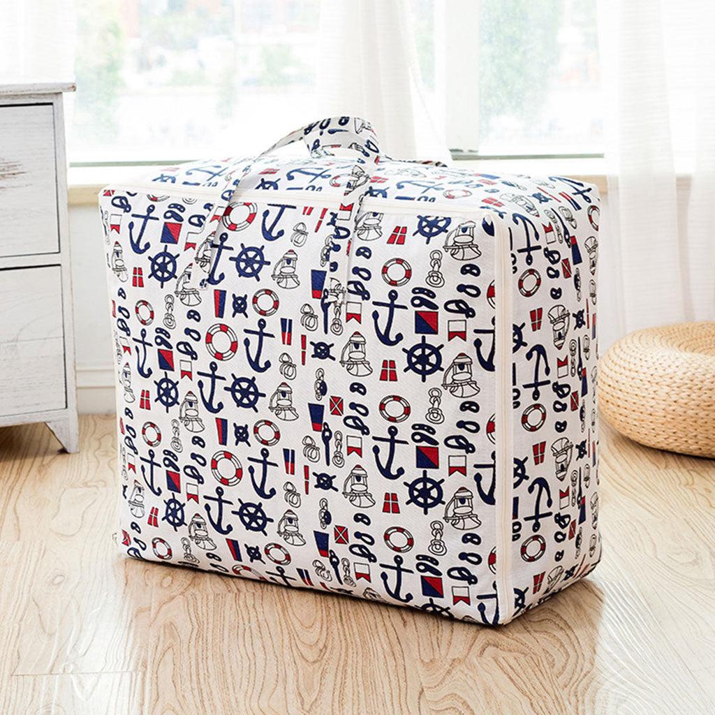 Large foldable nautical print travel storage bag with double zippers and cross-stitched carrying handles — view 2