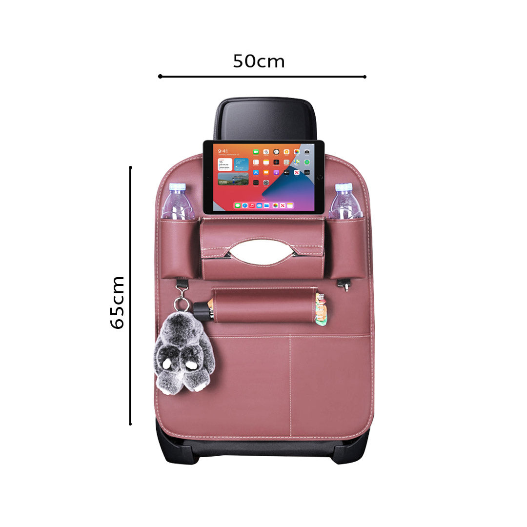 Coffee brown PVC leather car backseat organizer with multiple pockets and iPad mini holder. — view 2