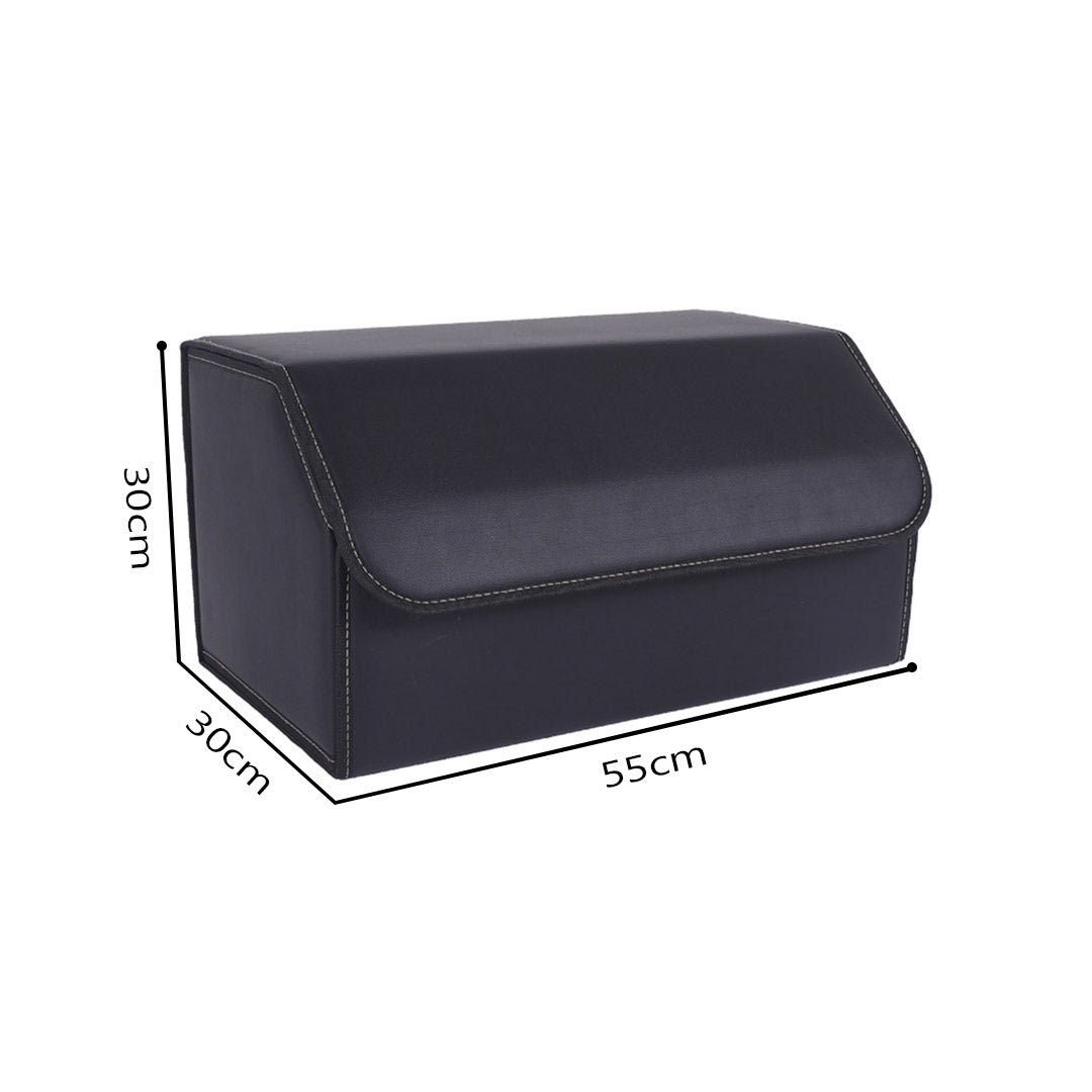 Black leather car trunk organizer with diamond stitching, 65L capacity, and secure hardware locks. — view 2