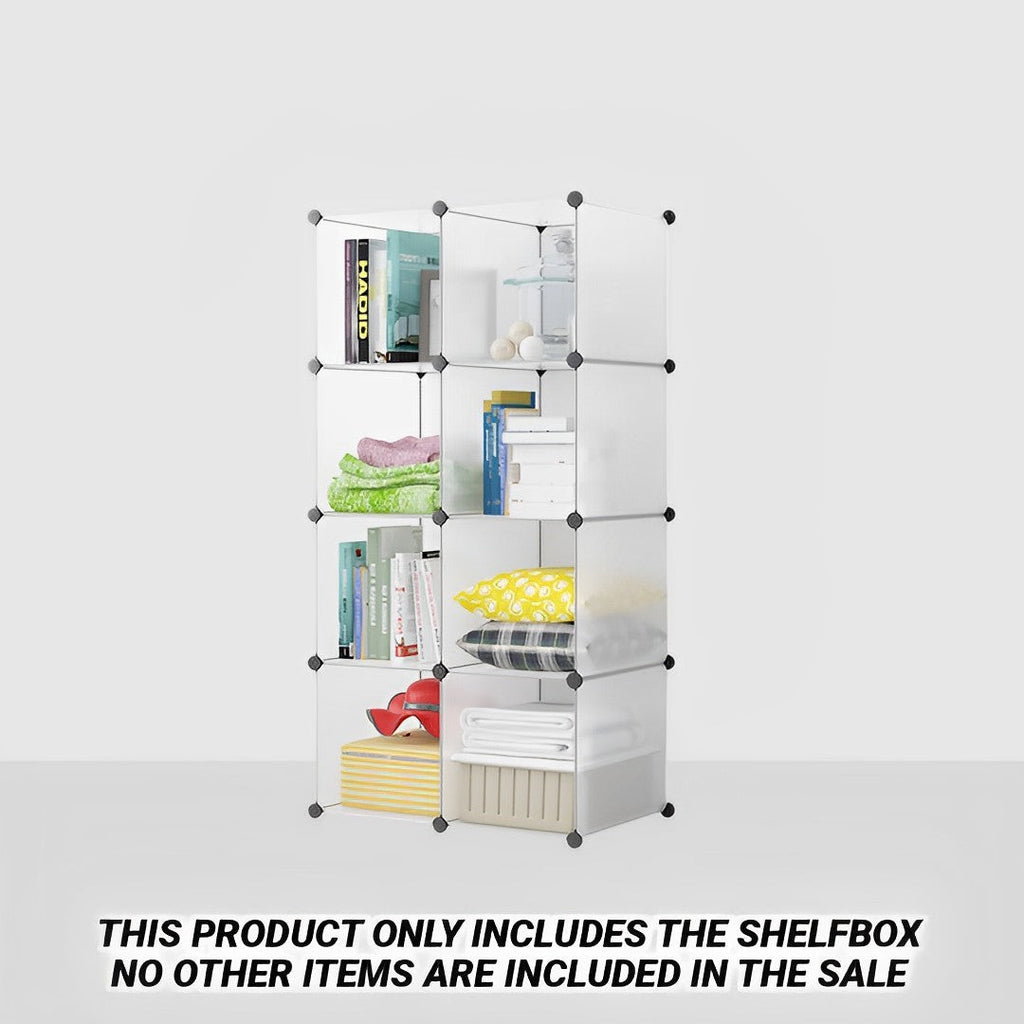 Transparent 8-cube modular storage shelf organizer made of plastic panels and iron wire connectors — view 2