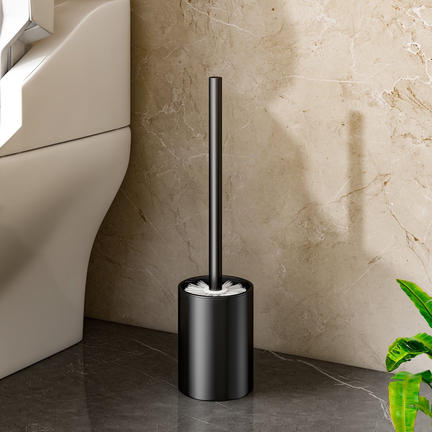 Black wall-mounted aluminum toilet brush with holder and ergonomic handle for modern bathroom cleaning — view 2