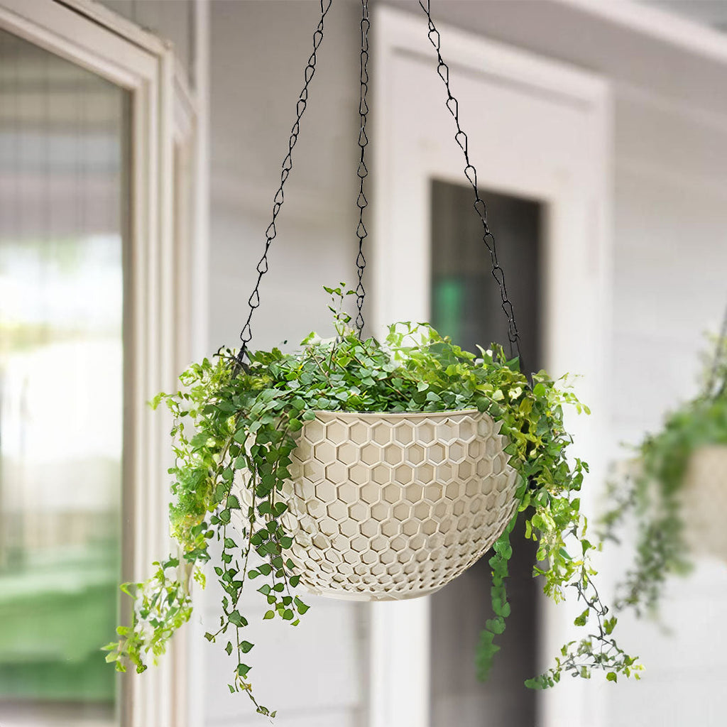 White resin hanging planters set of two, featuring metal suspension chains and built-in drainage holes. — view 2