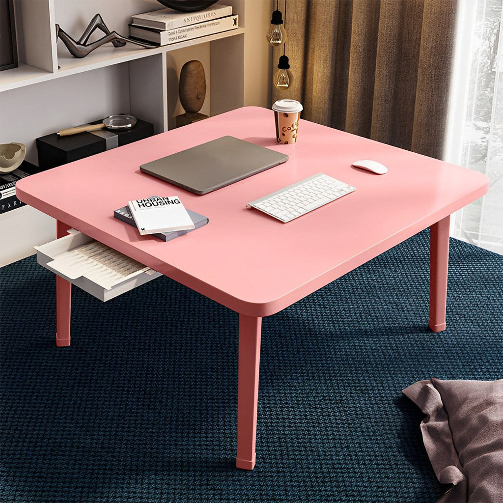 Set of two pink portable square floor tables with metal frames and built-in mini drawers — view 2