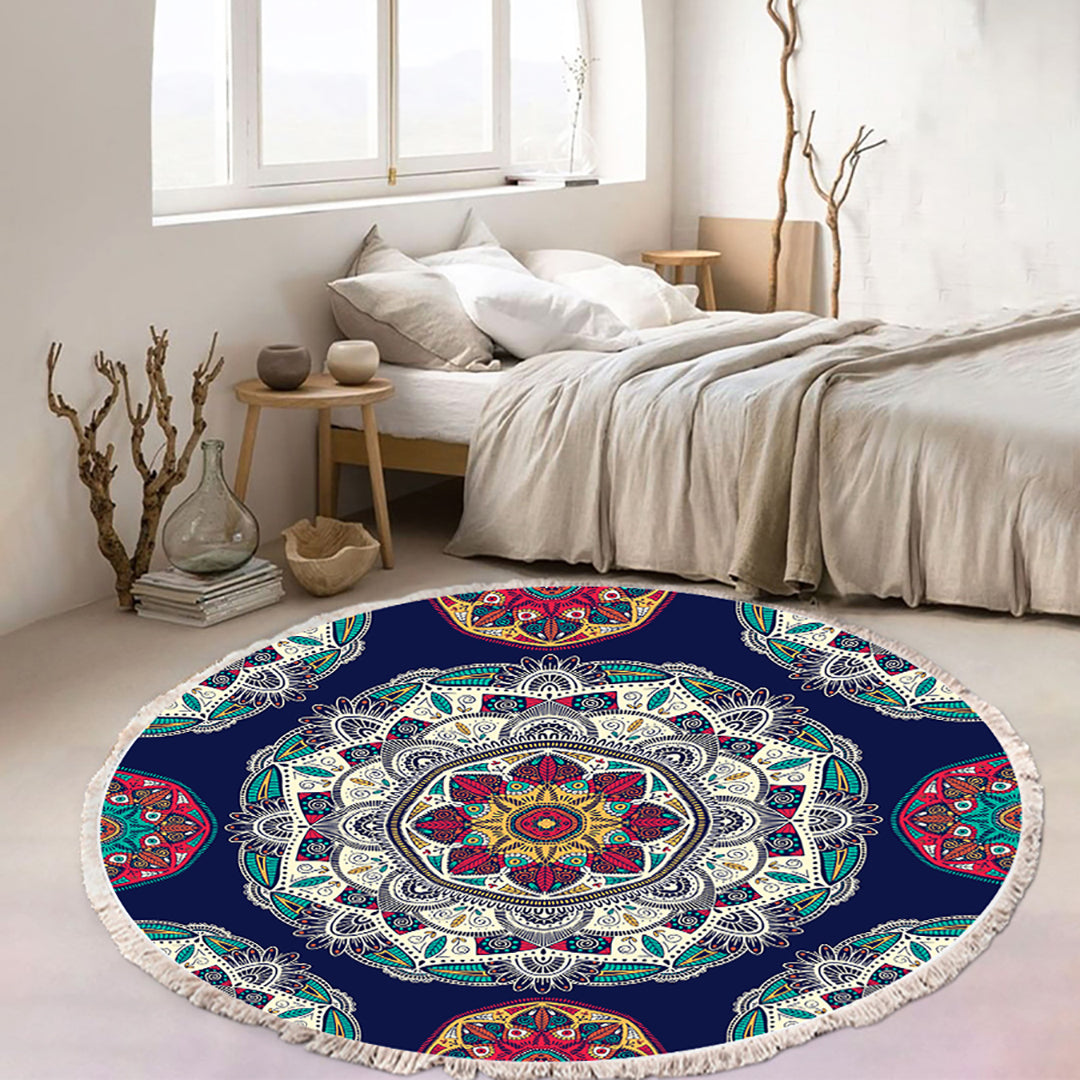 90cm round bohemian area rug featuring a vibrant blue mandala geometric pattern and anti-slip backing — view 2