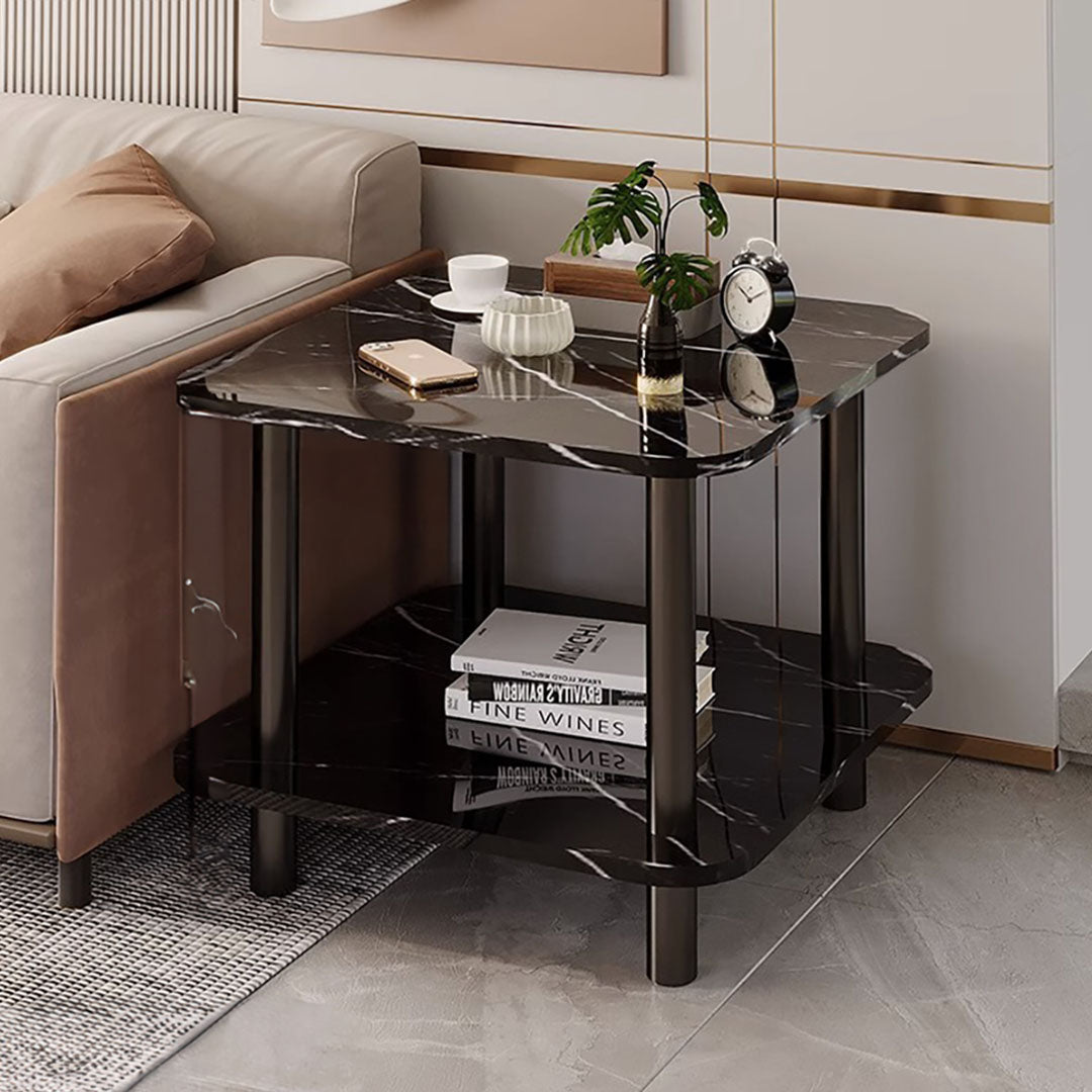 Modern round black side table featuring a stone-patterned surface and solid pine wood legs — view 2
