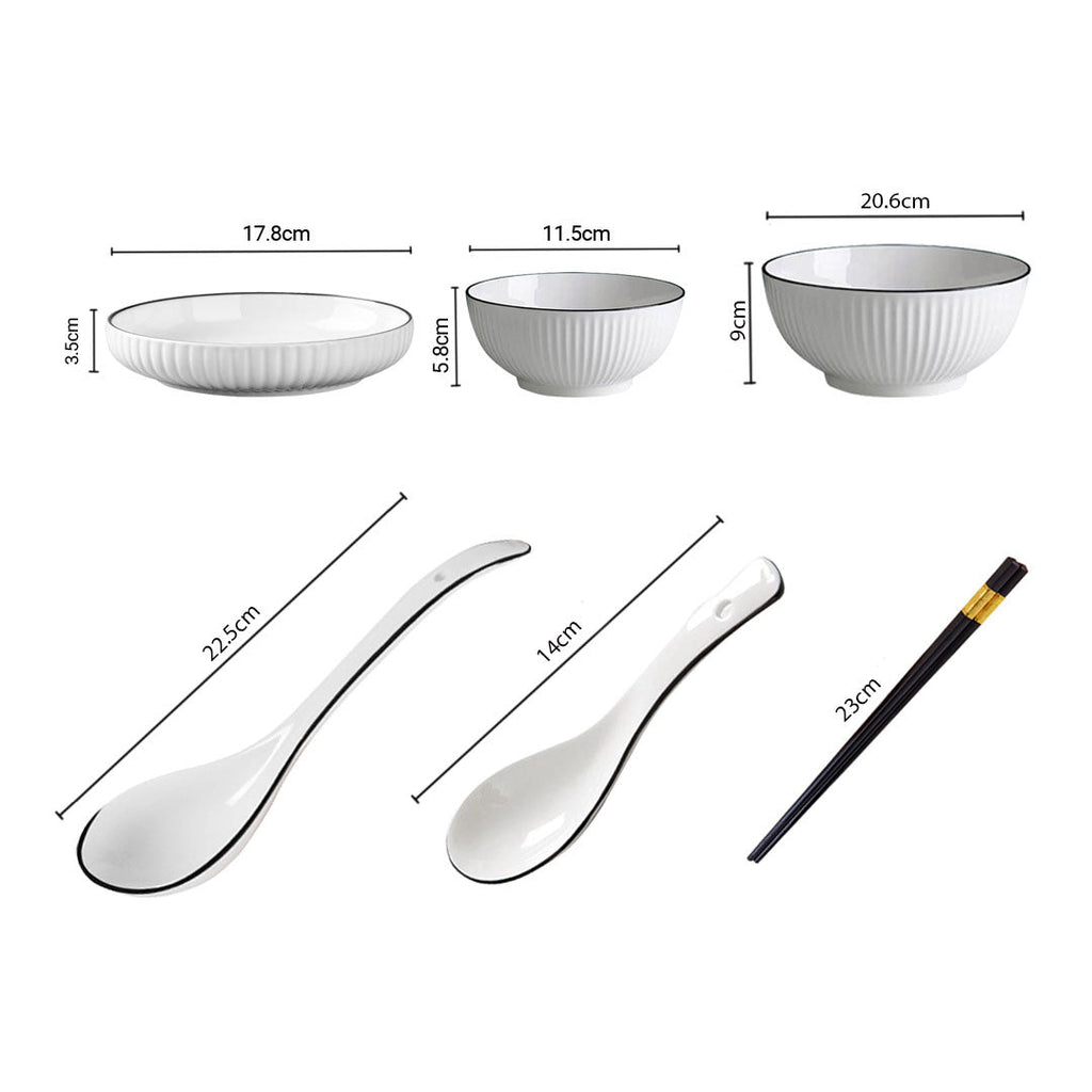 White minimalist ceramic dinnerware set including soup bowls, plates, spoons, and chopsticks — view 2