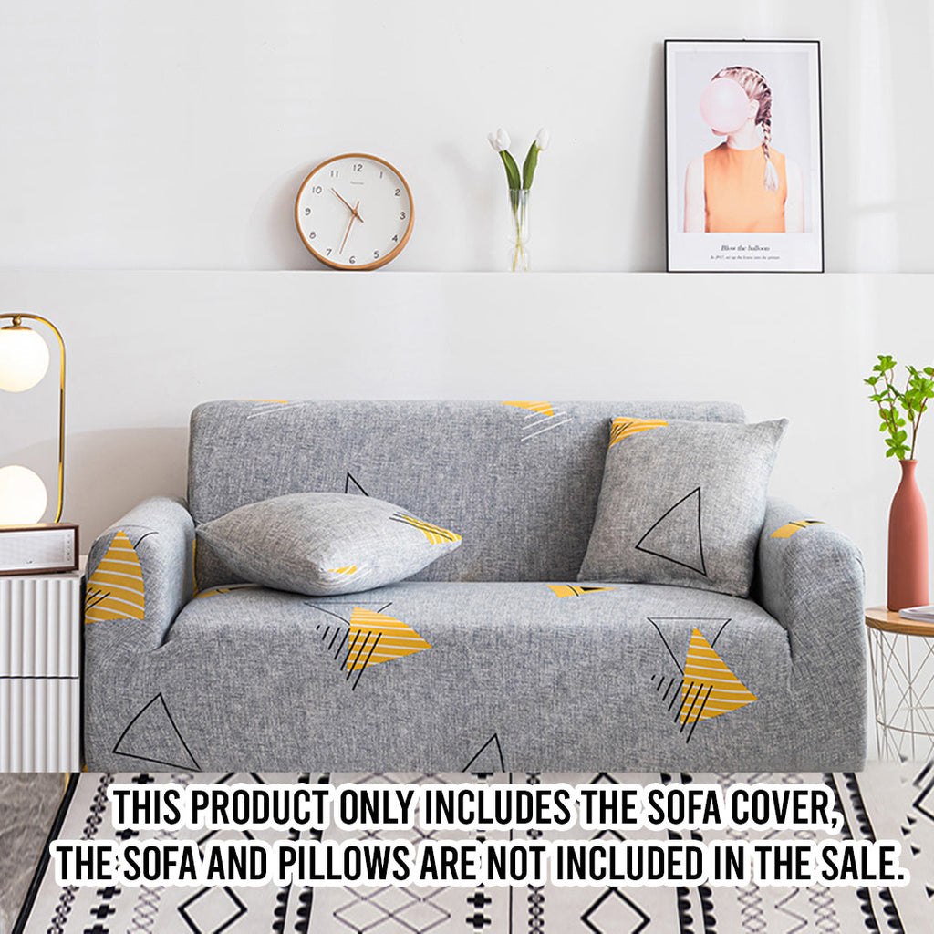 Grey geometric print 4-seater sofa cover stretched securely over a modern living room couch — view 2