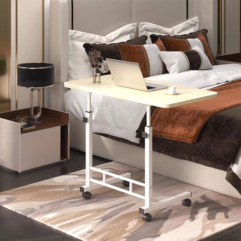 Set of two movable white maple wood bedside tables with sturdy metal frames and rolling wheels — view 2