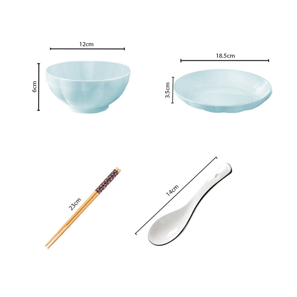 Light blue Japanese ceramic dinnerware set with stackable dining bowls plates spoons and chopsticks — view 2