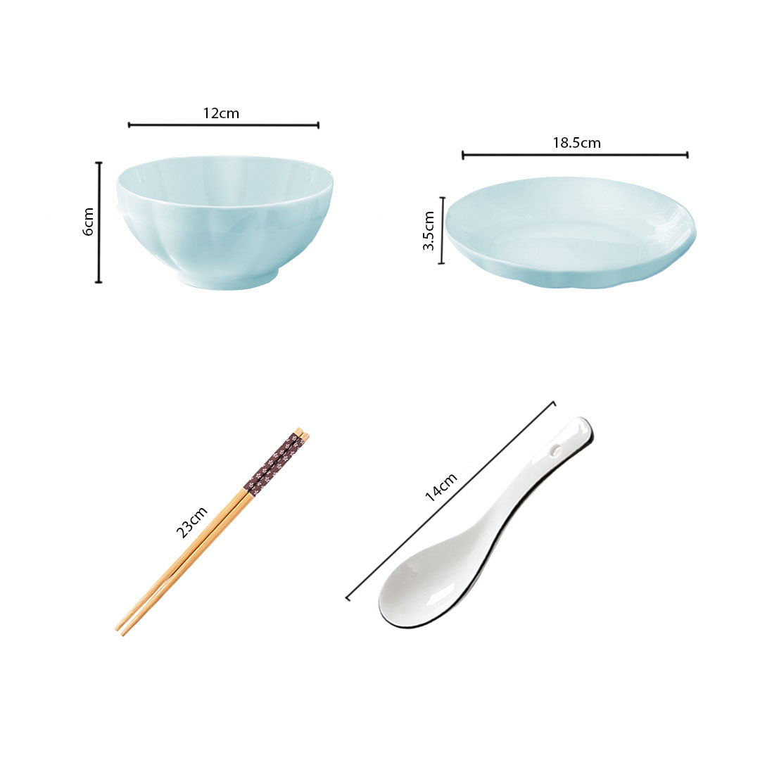 Light blue Japanese ceramic dinnerware set with stackable dining bowls plates spoons and chopsticks — view 2