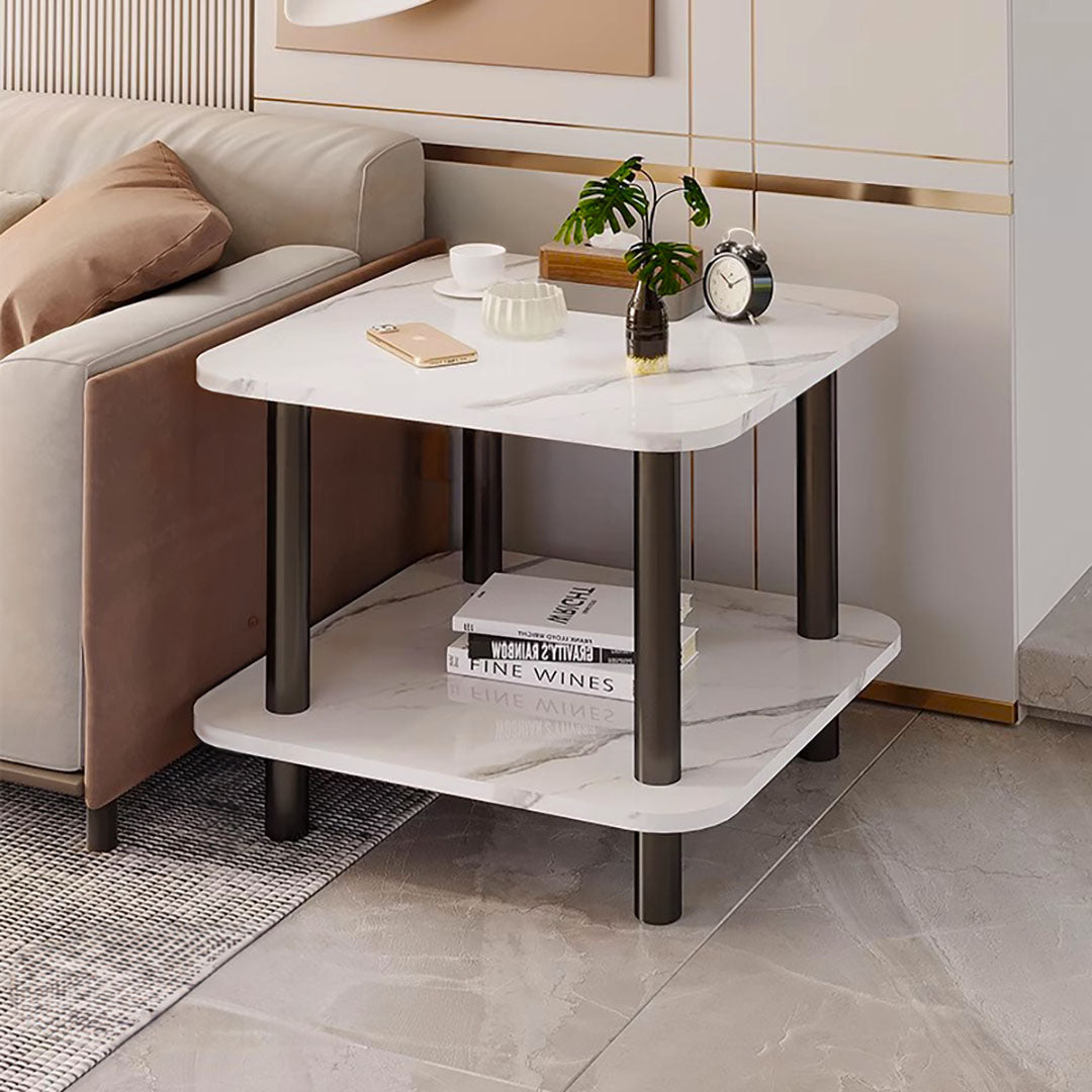 White stone-patterned side table with sleek black pine wood legs for modern living room decor — view 2
