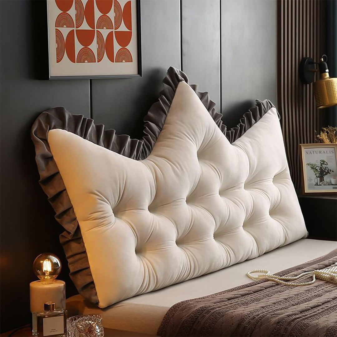 Two cream crown shaped tufted headboard pillows with charcoal ruffled edges for bed or sofa support — view 2
