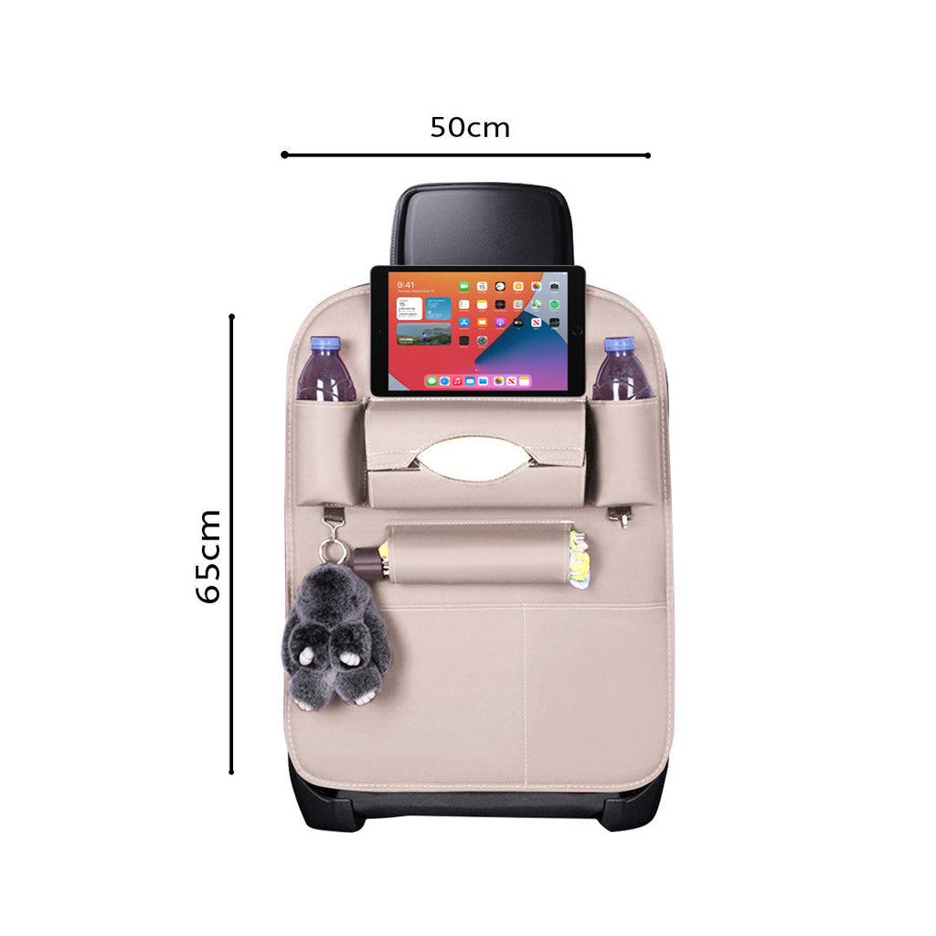 White PVC leather car seat organizer with multi-pocket storage compartments and iPad holder. — view 2