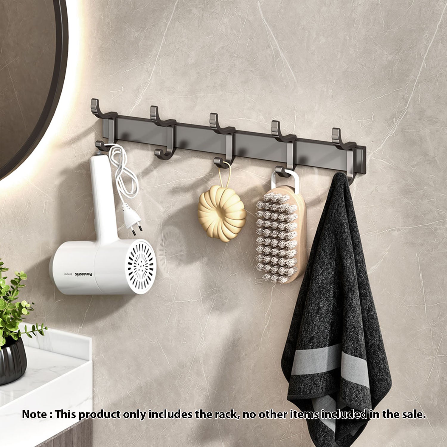 Black wall mounted aluminum towel rack organizer with multiple hooks for bathroom and entryway storage — view 2