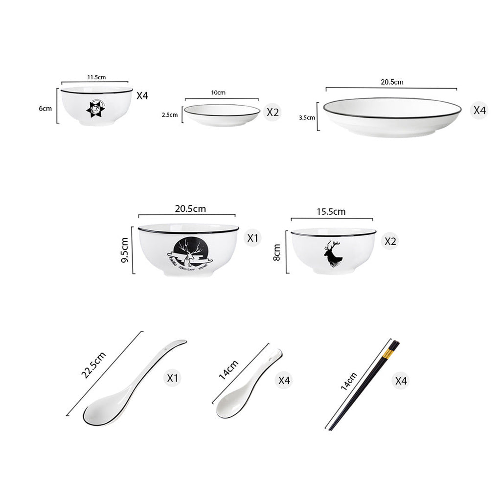 White antler ceramic dinnerware set with bowls, plates, spoons, and chopsticks on a dining table — view 2