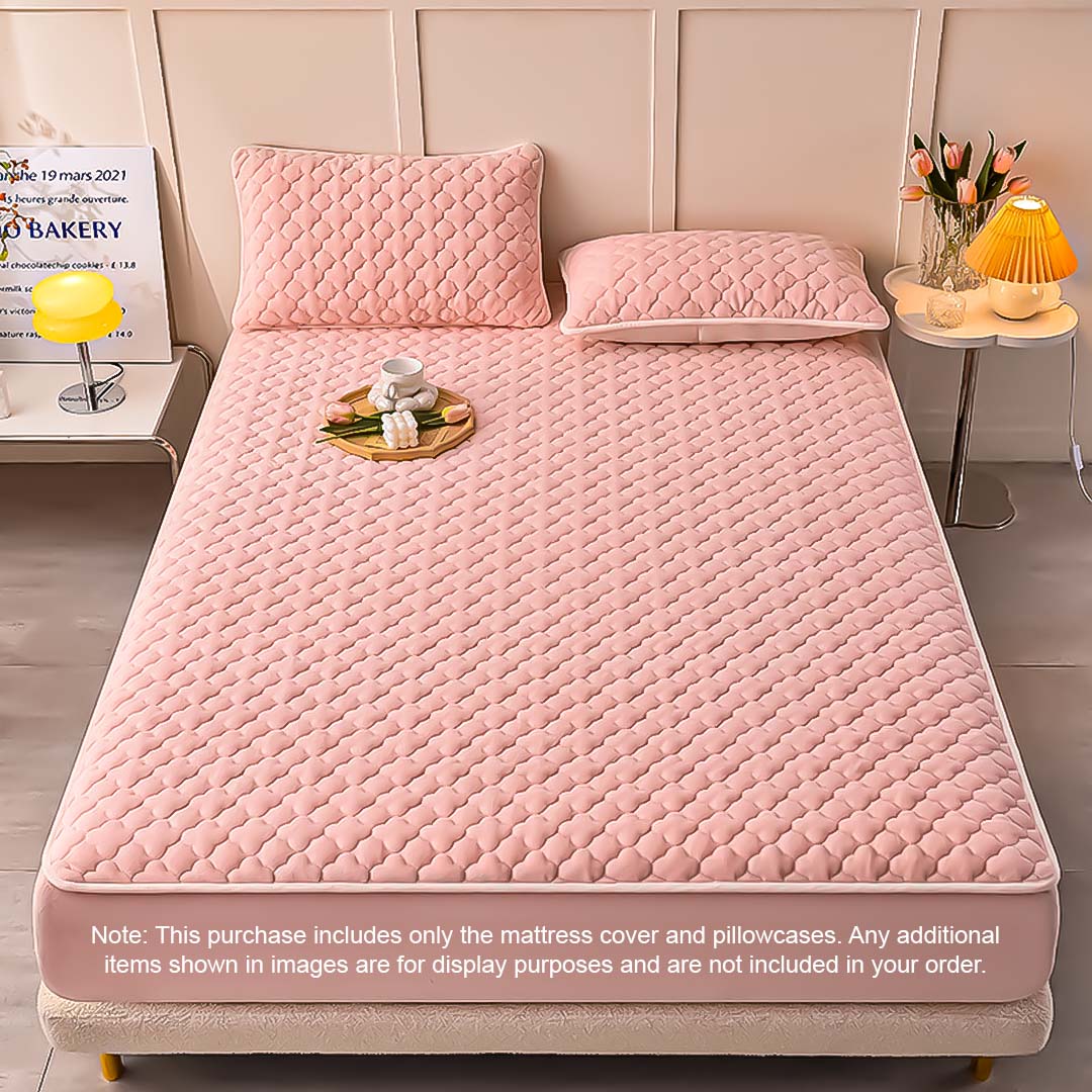 Pink quilted fleece stretchable mattress cover with clover design and two matching pillow covers — view 2