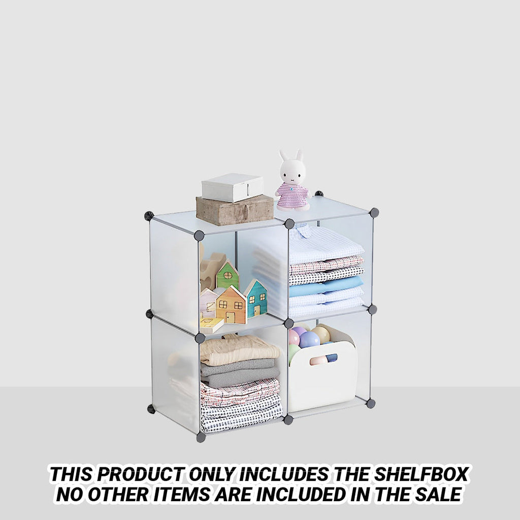 Transparent 4-cube modular storage organizer unit with white wire frame and stacked shelving design — view 2
