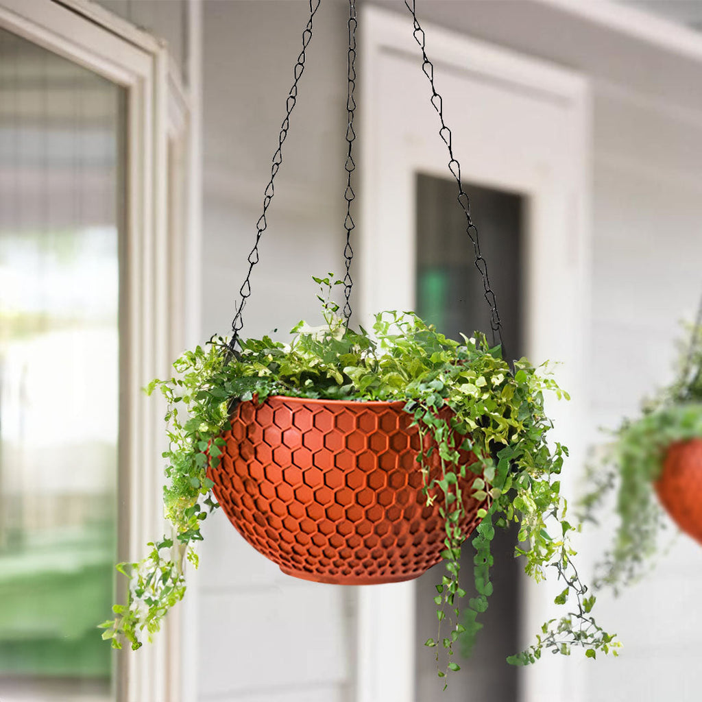 Two vibrant red large hanging resin plant pots with suspension chains and hooks — view 2