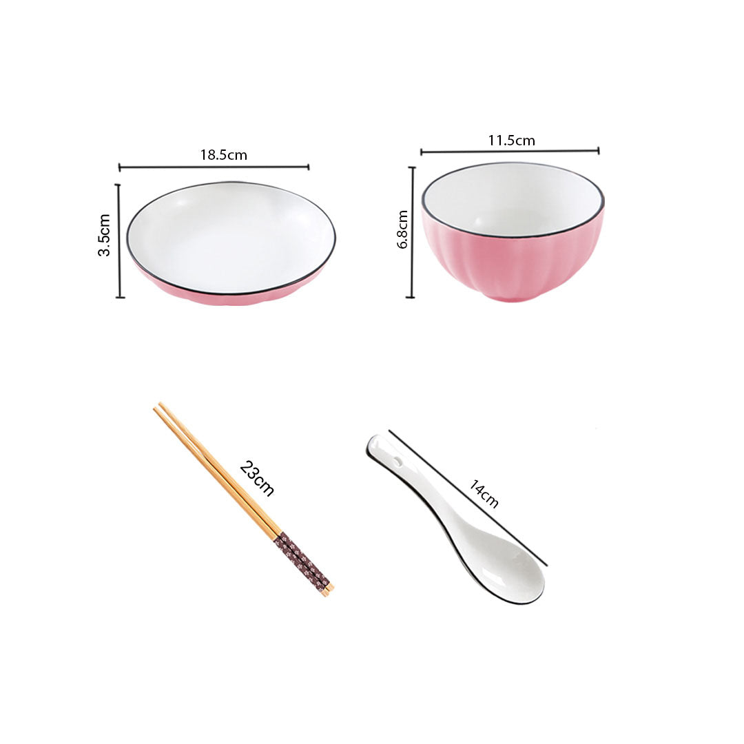 Pink Japanese ceramic dinnerware set featuring stackable plates, soup bowls, matching spoons, and chopsticks — view 2