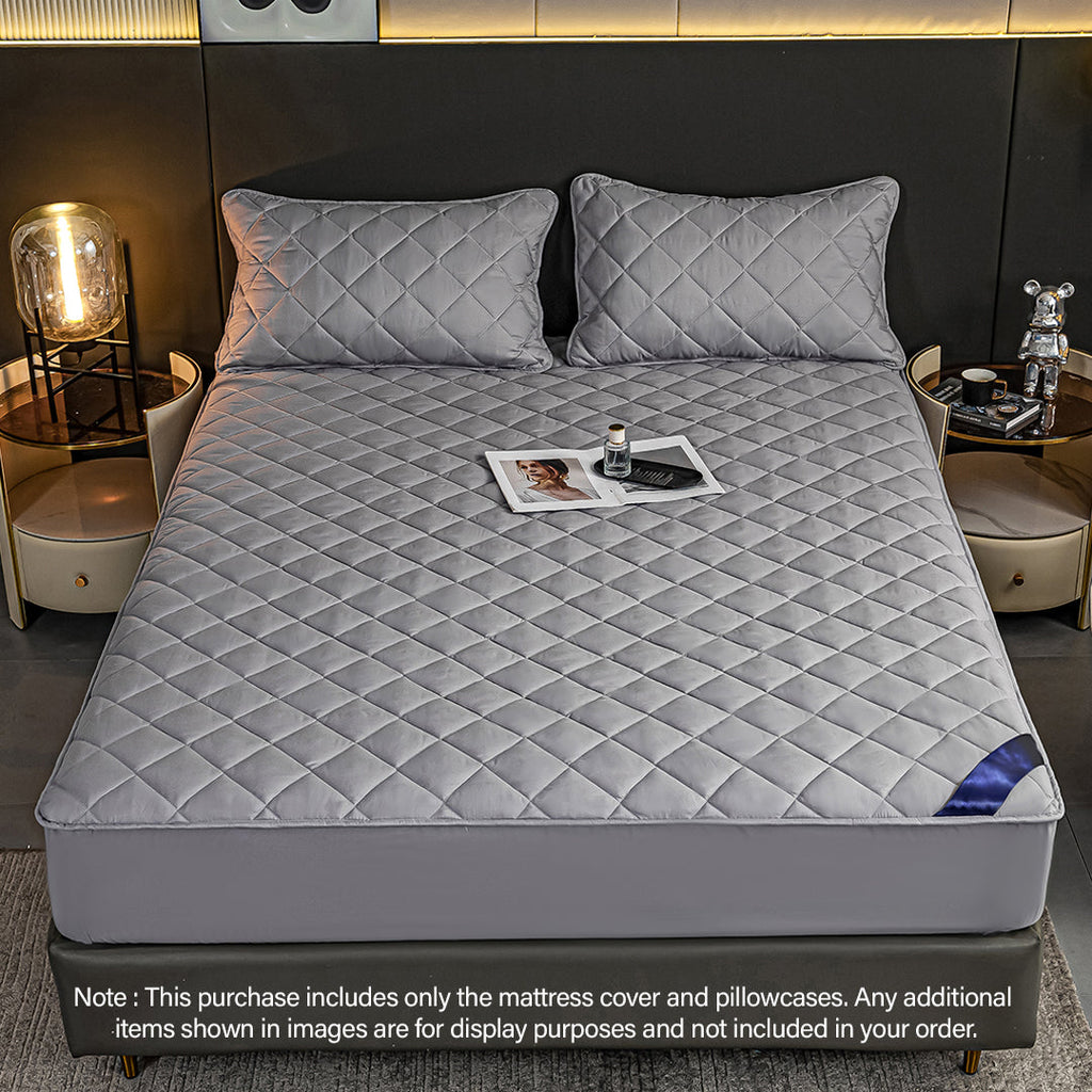 Grey cross-hatch quilted mattress cover and two matching pillow covers crafted from premium soft polyester. — view 2