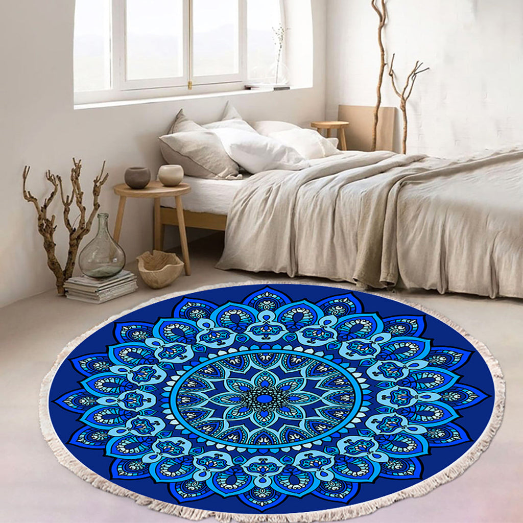 90cm round blue mandala patterned area rug made of soft polyester for home decor — view 2