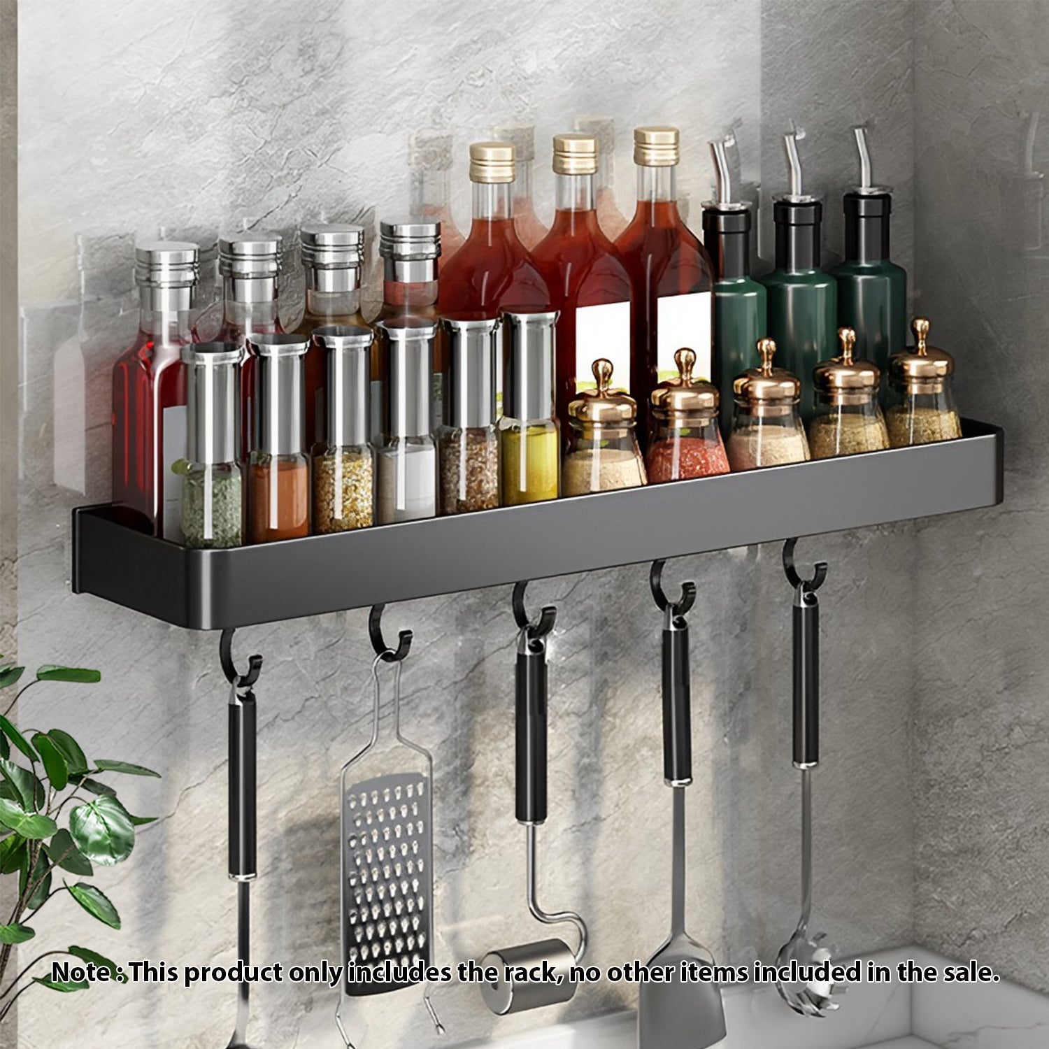 Black wall-mounted aluminum kitchen spice rack and utensil organizer with hanging hooks — view 2